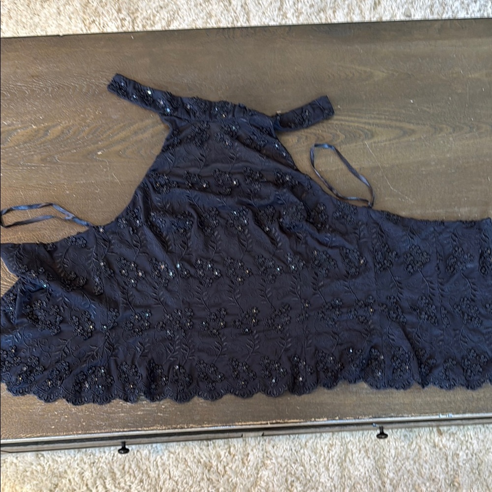 Cache Navy Embroidered Halter Top